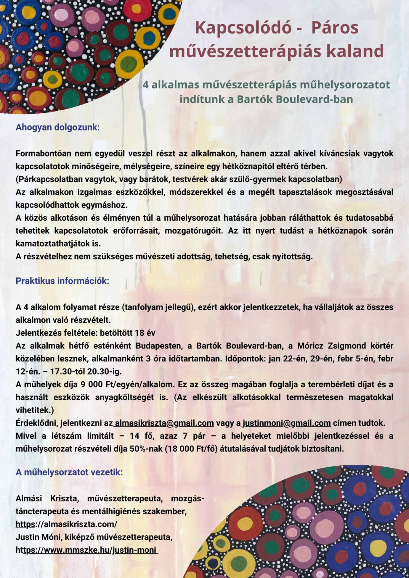 4 alkalmas művészetterápiás műhelysorozatot indítunk a Bartók Boulevard-ban .